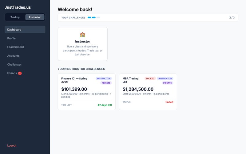 Trading simulator instructor dashboard for classroom use