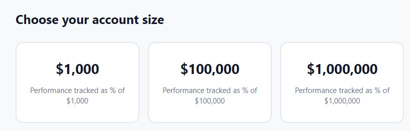 Choosing a virtual trading account size on JustTrades.us