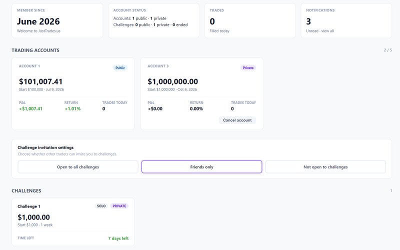 Trading simulator dashboard with portfolio and trading tools